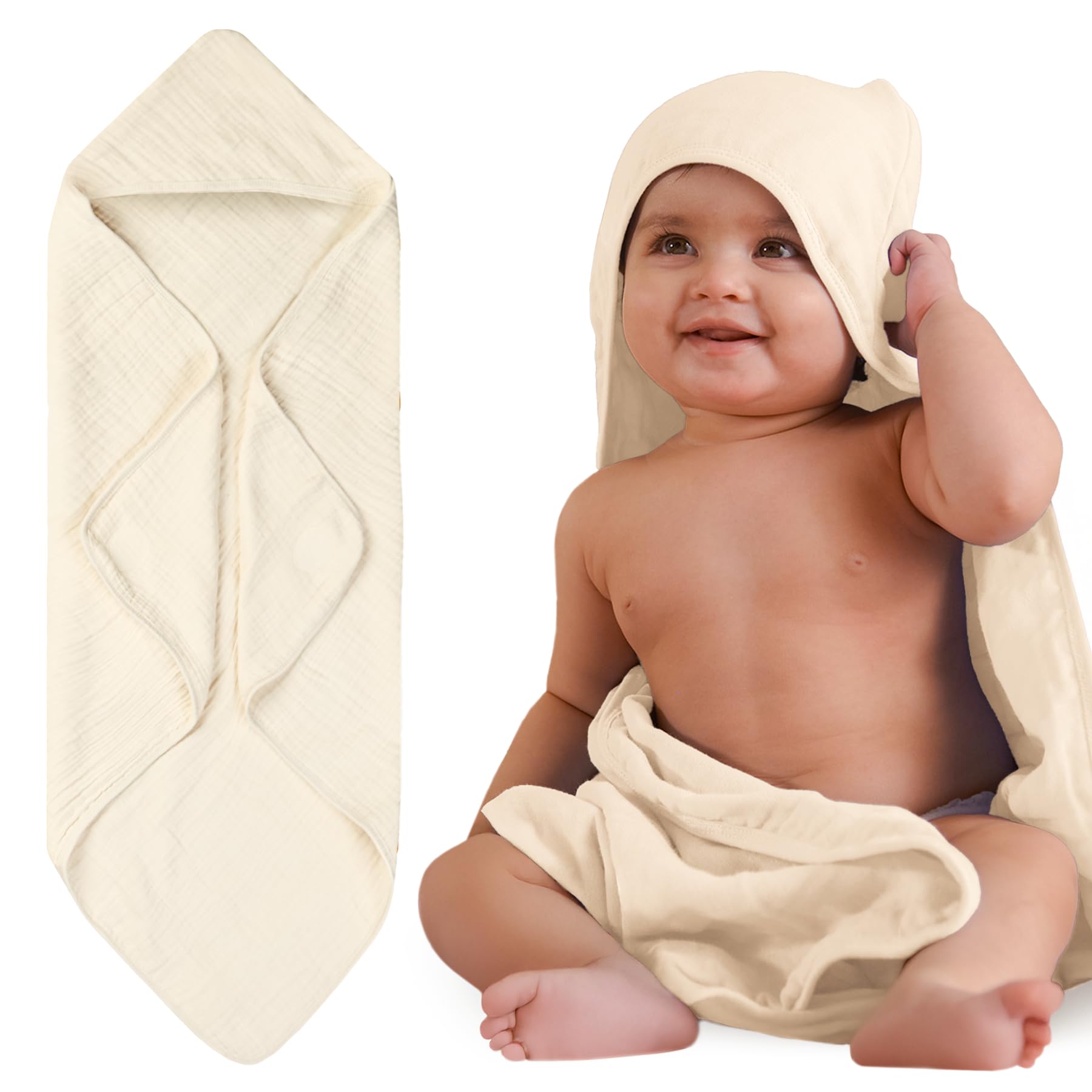 NINTARABABY Hands-Free Hooded Towel 100% Organic Premium Muslin Cotton, 30" x 30", Ultra-Absorbent, Soft, Breathable, Hypoallergenic, Multipurpose,
