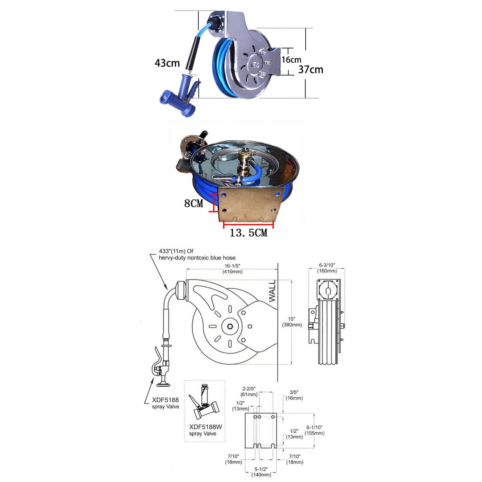 Carrete de manguera de acero inoxidable abierto retráctil automático 5M/10M/15M carrete de manguera de agua de cocina de jardín resistente que no deja marcas,15M