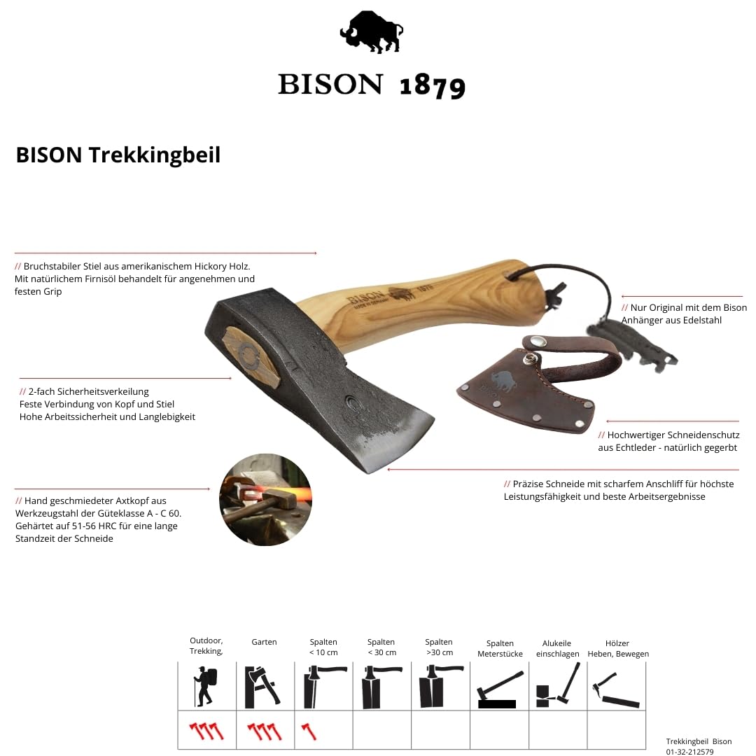 Bison 1879 Trekkingbeil, Minibeil, Outdoorbeil, 500 gr., handgeschmiedet für Camping Bushcraft und Outdoor, Hickorystiel 330mm