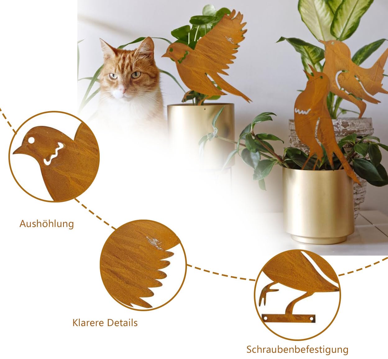 Voarge Pack of 5 Rusty Birds Decorative Rust, 5 Patina Metal Bird Stakes, Garden Decoration, Rust Look with Screw Thread - Image 3