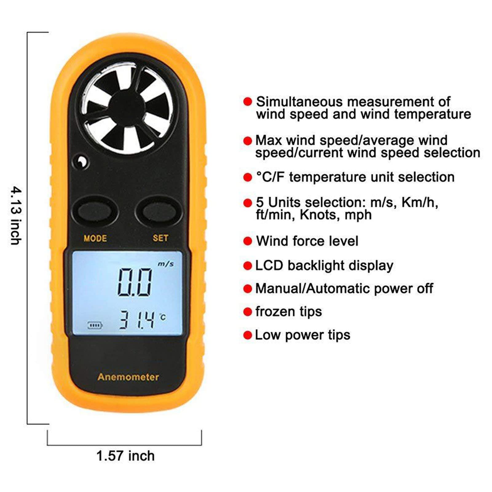 Digitales Windgeschwindigkeitsmessgerät, Hand Anemometer Thermometer, LCD Display 3 V GM816 Zur Messung der Windtemperatur mit 5 Einheiten Auswahl und Hintergrundbeleuchtung