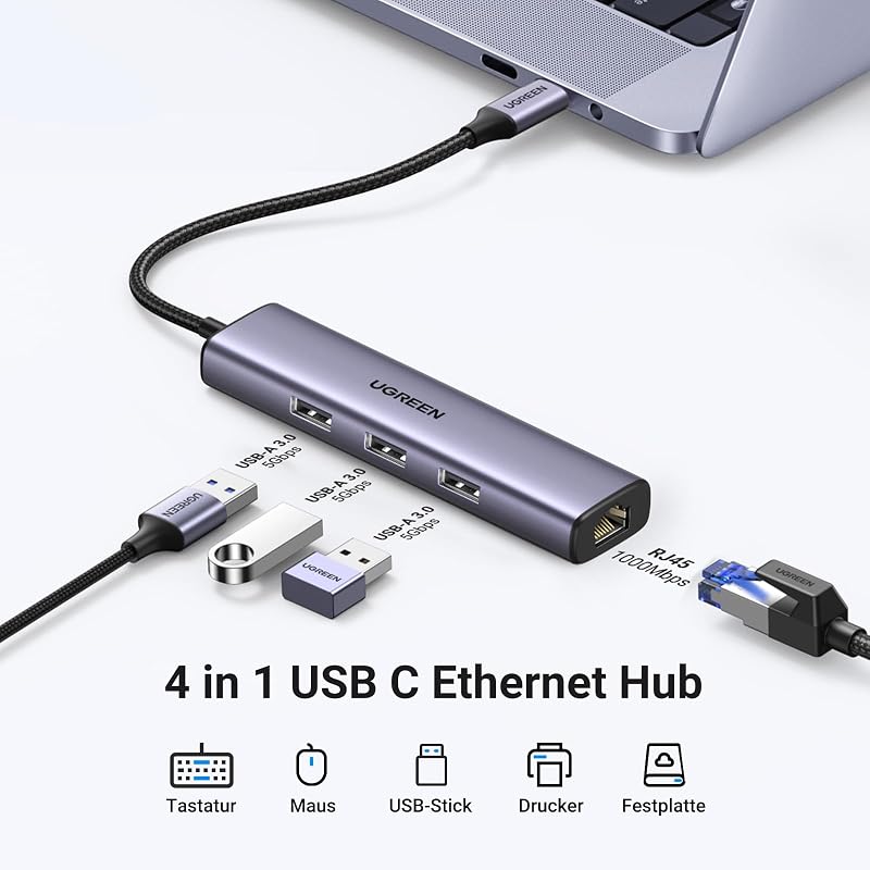 UGREEN USB C Ethernet Adapter 3 USB Porttal - Hálózati Adapter iPhone 15, Galaxy S24, MacBook, iPad Pro, Surface és Steam Deck Eszközökhöz