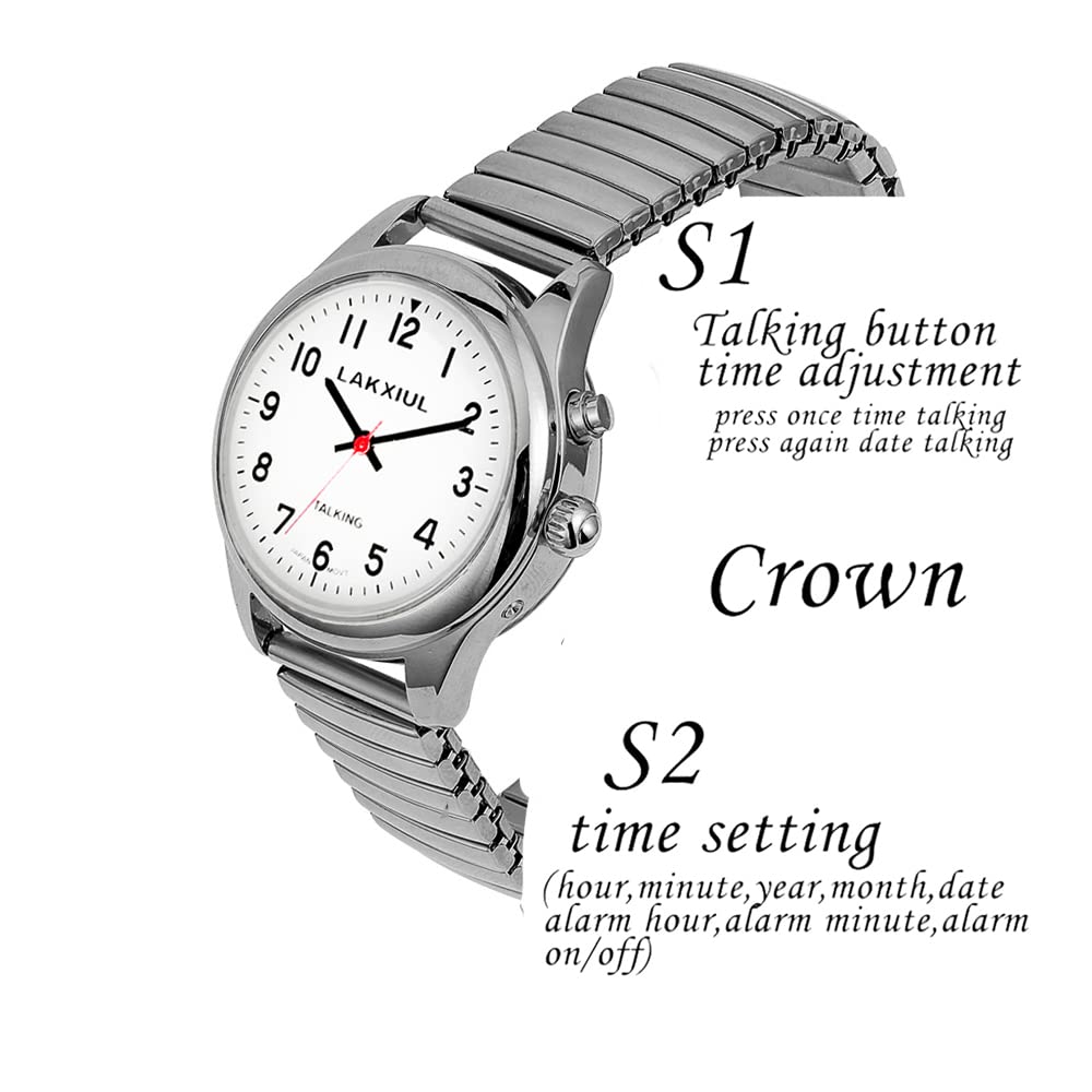 El reloj parlante inglés puede reproducir la hora, fecha, mes, puede configurar tres alarmas, caja plateada con correa de expansión de acero inoxidable de longitud ajustable plateada