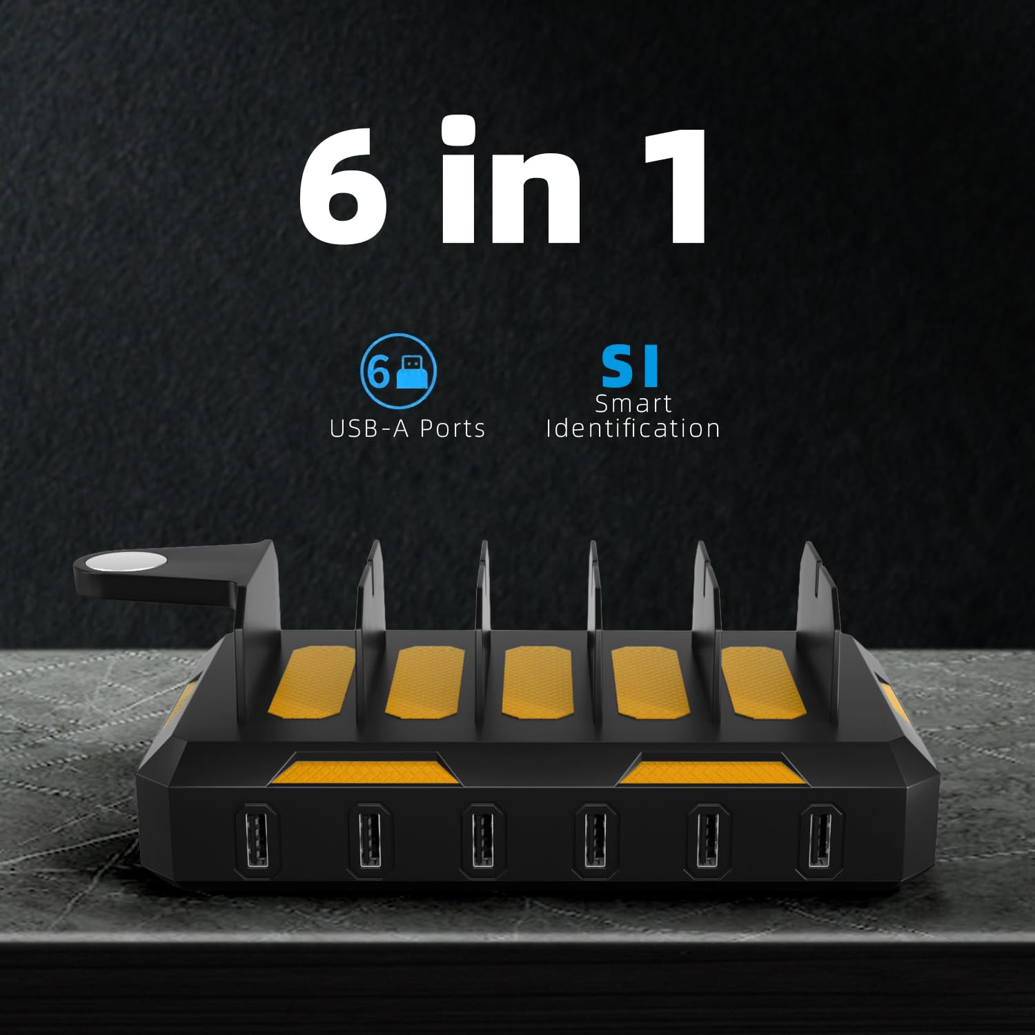 Station de charge pour plusieurs appareils, station de charge USB 50 W 6 ports avec support de montre magnétique, station de charge mécanique, câble 6 ports inclus, noir