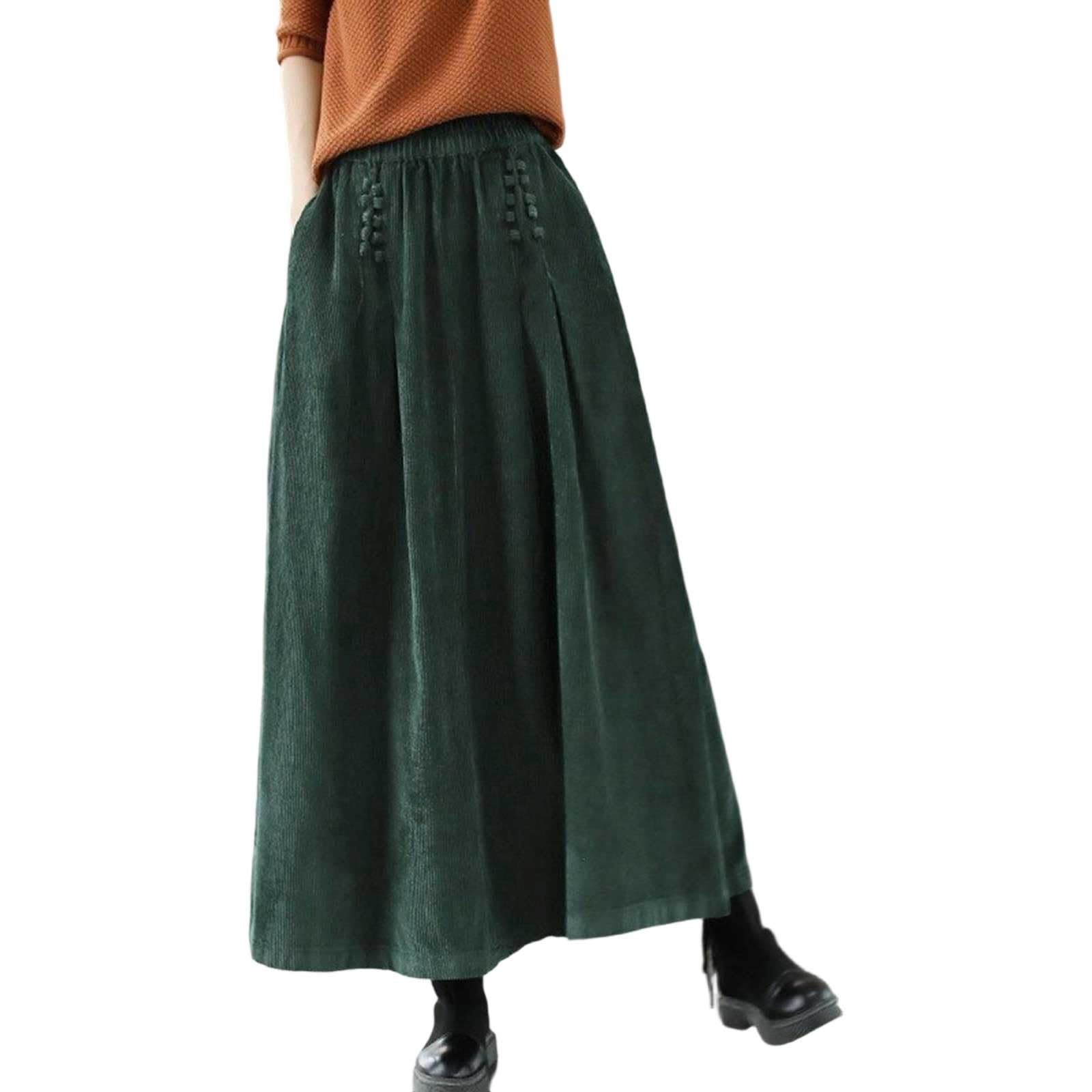 Women's Victorian Traditional Skirt Medieval High Waist Maxi Skirt Wide Flared Cord Maxi Skirt Asymmetrical Hem Flowy Midi Skirts A-line Long Skirt with Pockets Vintage Casual Skirt, O Green, M