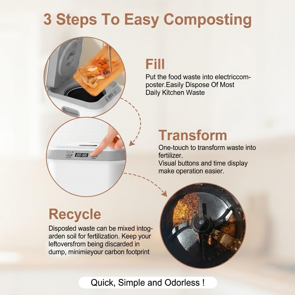 Compostador eléctrico Inteligente de 3.3 L, Funcionamiento con un Solo Toque, descomposición rápida en 4-8 Horas, Pantalla LED y Cuchilla de molienda 3D.