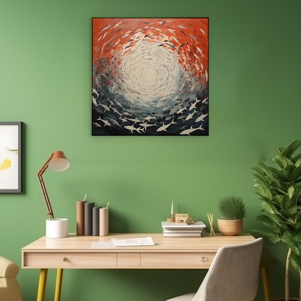 Canvas for Living Room. Spiraling Sharks: A Dazzling Dive from Sunrise to Abyss, 27 x 18 inch Canvas Wall Art - Great White Shark - Modern Home Decor