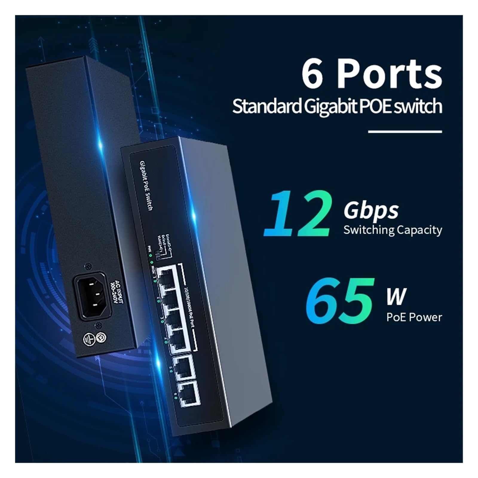 Switch PO//E Gigabit a 6 Porte, Switch di Rete PO//E Attivo 100/1000 Mbps, 60 W
