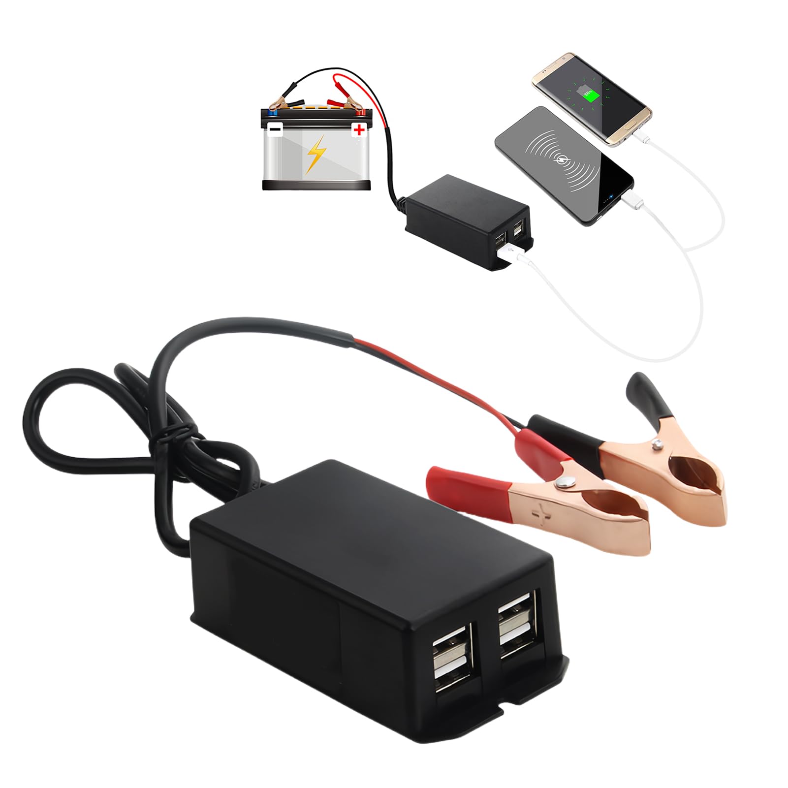 12v to Usb DC Converter with 4 USB Port Battery Clip Charger Charging Crocodile Clips Connector Alligator Clamp Extension Cable 12V to 24V Phone Camera Campers Vans Cars Boats Battery