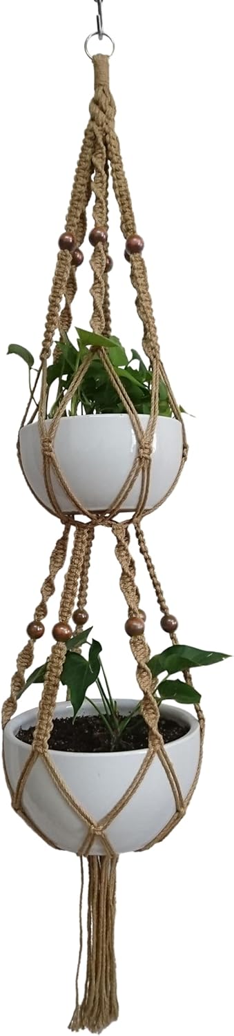 1 PCS 6 Legs Macrame Plant Hanger Jute Double Tiers Plant Hanger & Plant Holder with 6 pcs Round Brown Wood Bead, Hanging Planter 65-inches for 8 inch and 10 Inch Plant Pot (Without Pot)