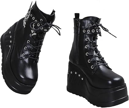 ZKXYFFS Women Platform Wedges Ankle Boots Chunky High Heel Booties Punk Mid Calf Boots Lace Up Motorcycle Boots Goth Round Toe Combat Boots
