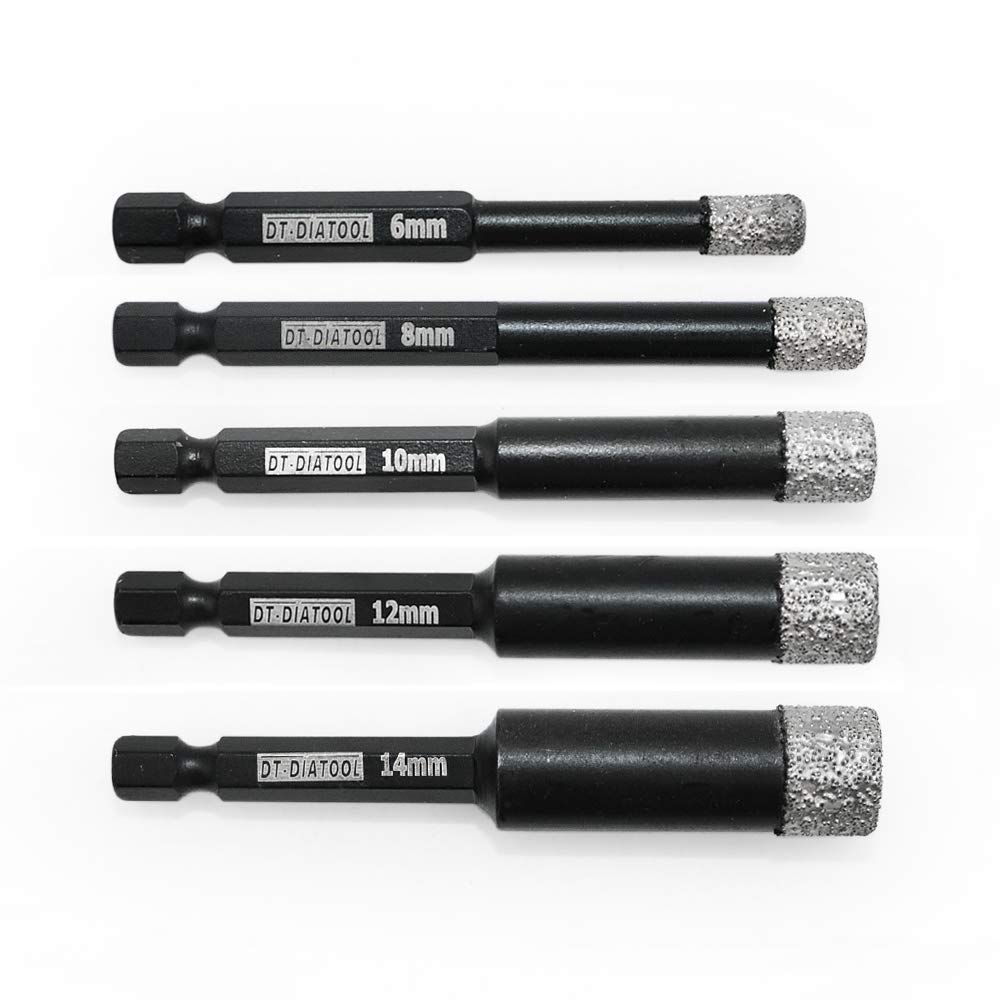 DT-DIATOOL Dry Diamond Drill Core Bits Set 5PCS 6/8/10/12/14mm Quick-fit Hex Shank Vacuum Brazed Hole Saw for Tile Porcelain Ceramic Marble Granite — image 1
