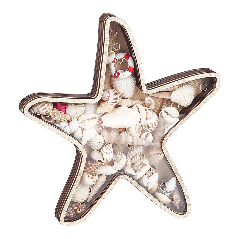 PH PandaHall Wooden Seashell Shadow Box, 8.5x7.5 inch Starfish Shape Shell Display Case with Acrylic Window Decorative Shadow Box Holder for Vacation Coastal Beach Bedroom House Birthday Home Decor