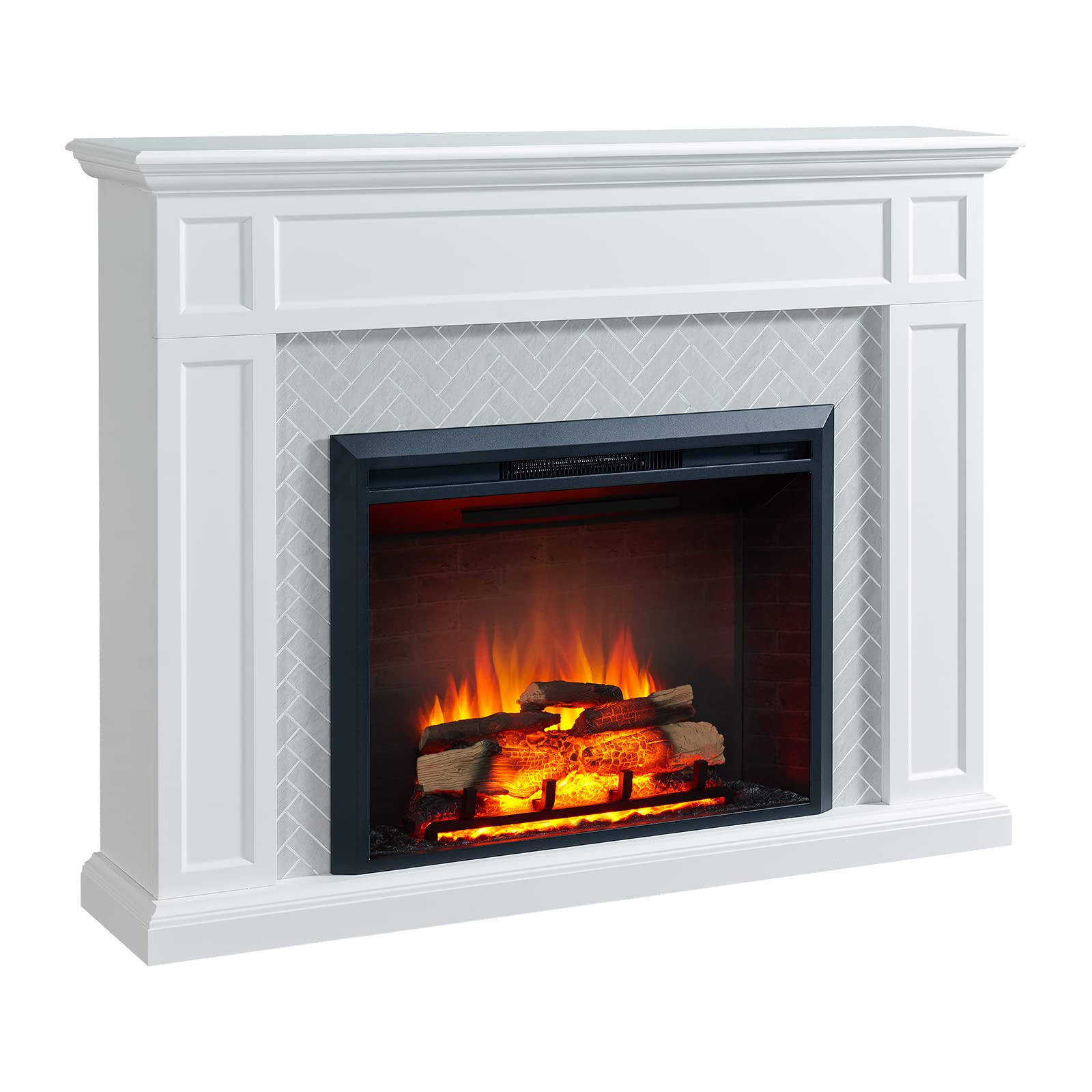 LegendFlame® Hailey Electric Fireplace with 61" Mantel Surround and Carl 35" Insert, Cream White with Light Grey Brick Finish