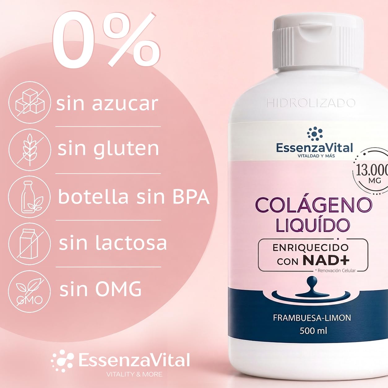 Colágeno Hidrolizado Líquido 13.000mg con NAD+ y Ácido Hialurónico para Mujeres - Bebible 13g por Dosis - Piel, Cabello y Uñas - Sabor Frambuesa-Limón - EssenzaVital Suplemento de Belleza 500ml (1Mes)