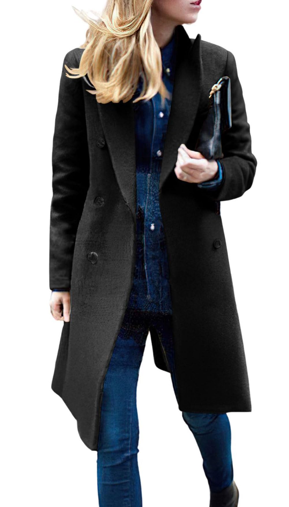 chouyatou Women's Basic Designed Notch Lapel Double Breasted Mid-Long Wool Pea Coat