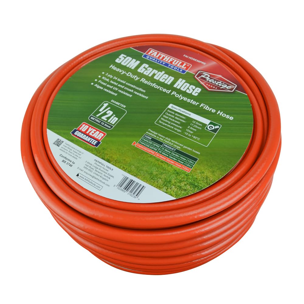 Faithfull Prestige Gartenschlauch – Robuster, verstärkter PVC-Schlauch, 50 Meter (164 Fuß), 12,5 mm (1/2 Zoll) Durchmesser, hochwertiges 24-fach geflochtenes Fasergeflecht, knick- und verdrehsicher