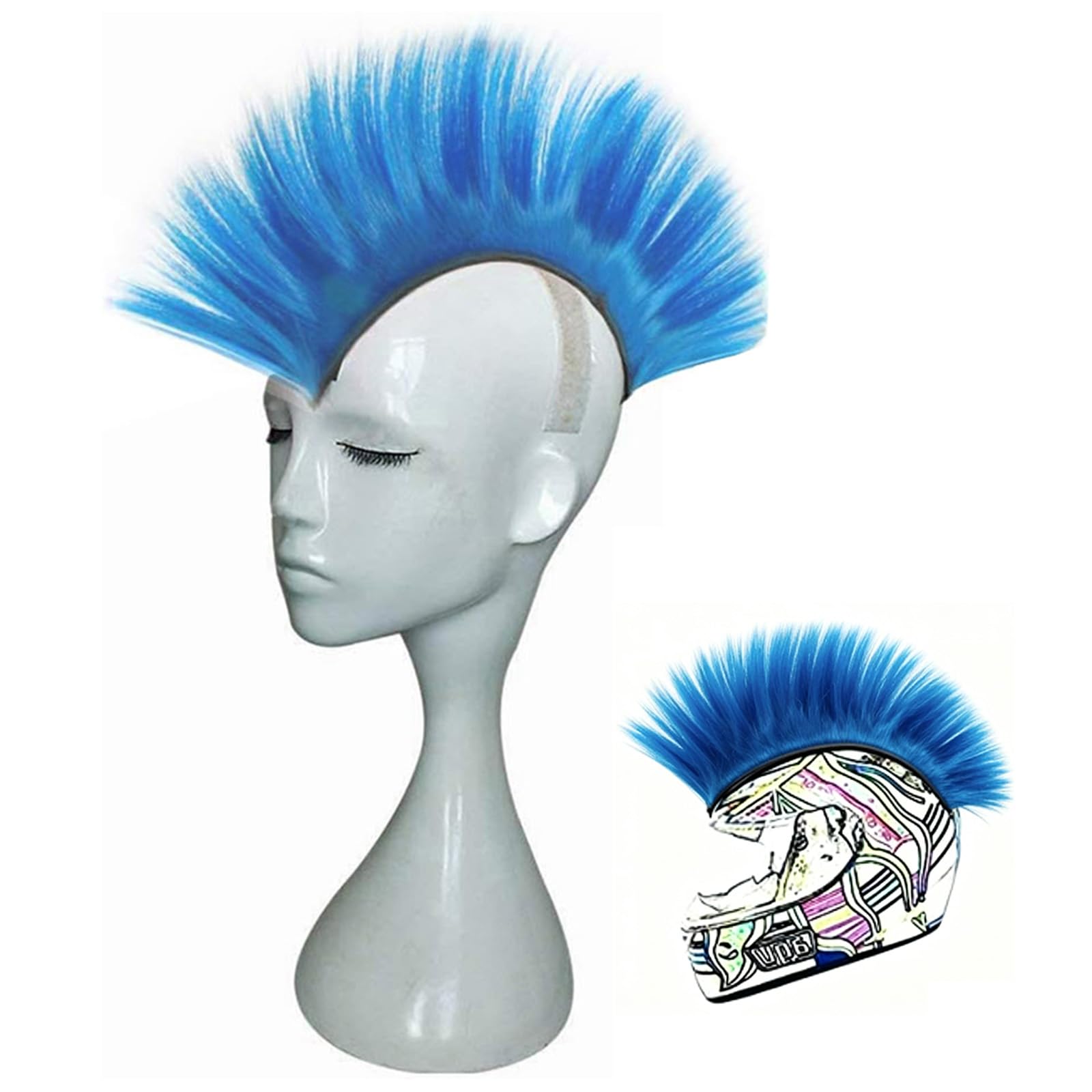 BRTNUP Helmet Mohaw-k Wigs, Motorcycle Helmet Mohaw-k Synthetic Wigs Self Adhesive Mohaw-k Hairpiece Decoration for Motorcycle Helmet Fancy Punk Helmet Wig Decoration for Bike Ski Scooter (Sky Blue)