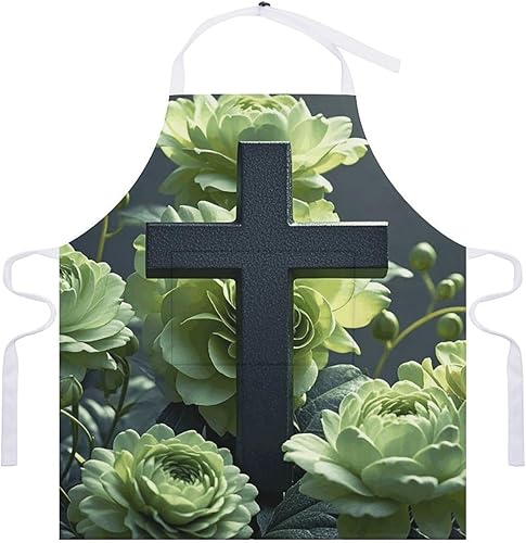 Miniatura 7 de MUSM Apron for Adults - 27.6 X 31.5 Inch, Heavy-Duty Polyester Aprons with Two Large Pockets, Waterproof Black Cross Among Green Flowers Kitchen