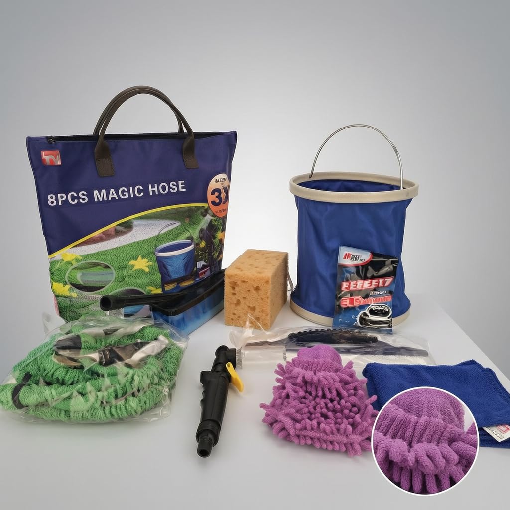Kit di pulizia veicoli completo 8 pezzi con tubo espandibile e secchio pieghevole per lavaggio auto, per veicoli - per la casa
