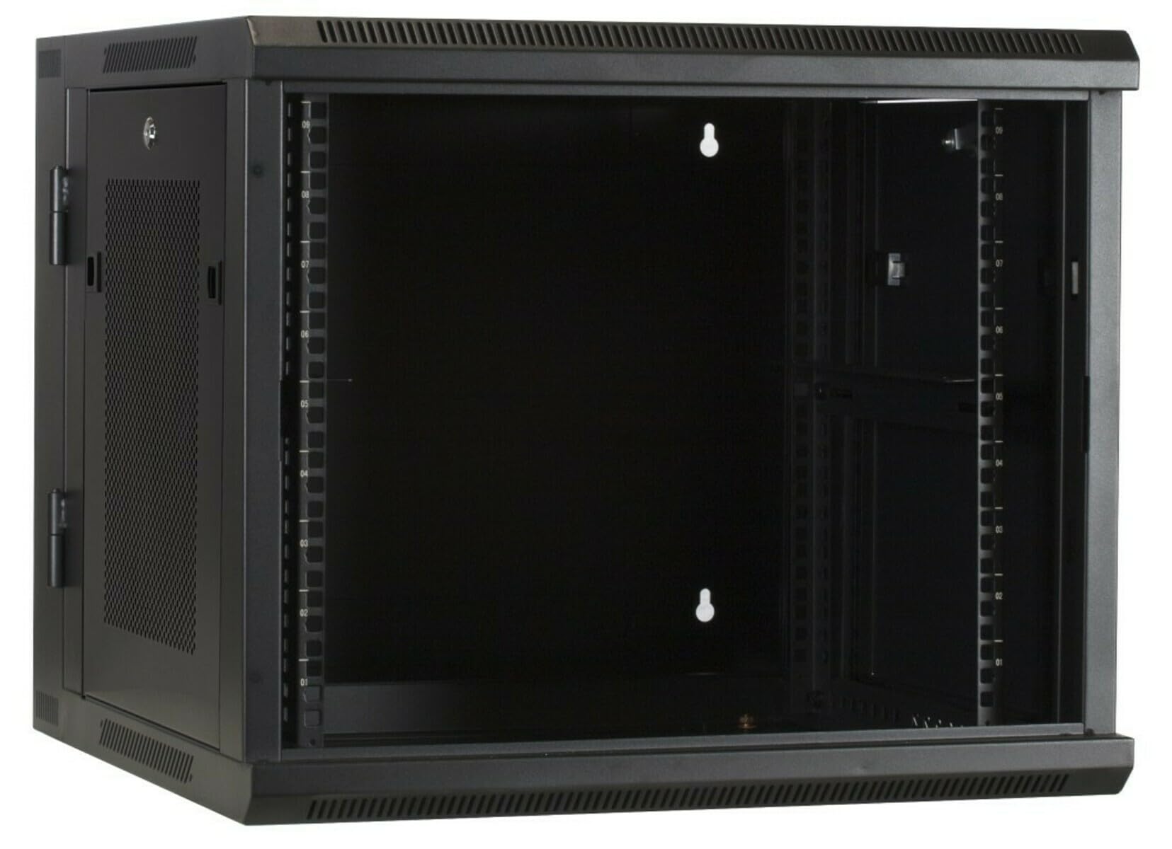 9HE Netzwerkschrank (Serverschrank) 19 Zoll wendbares Wandgehäuse Glastür und perforierten Seitenwänden - (BxTxH) 600x600x501mm - Schwarz
