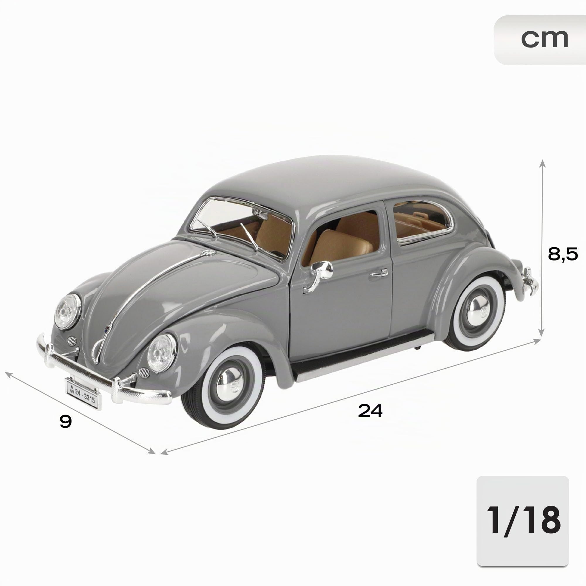 Bburago – 1/18 Volkswagen Coccinelle KAFER Beetle 1955 – Voiture Miniature Grise de Collection en métal – Véhicule rétro réaliste pour Enfants dès 3 Ans – 12029G