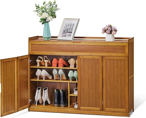 Miniatura 1 de Magshion Gabinete de almacenamiento de zapatos independiente de bambú de 5 niveles para botas, tacones, tenis, sandalias, con puertas, organizador