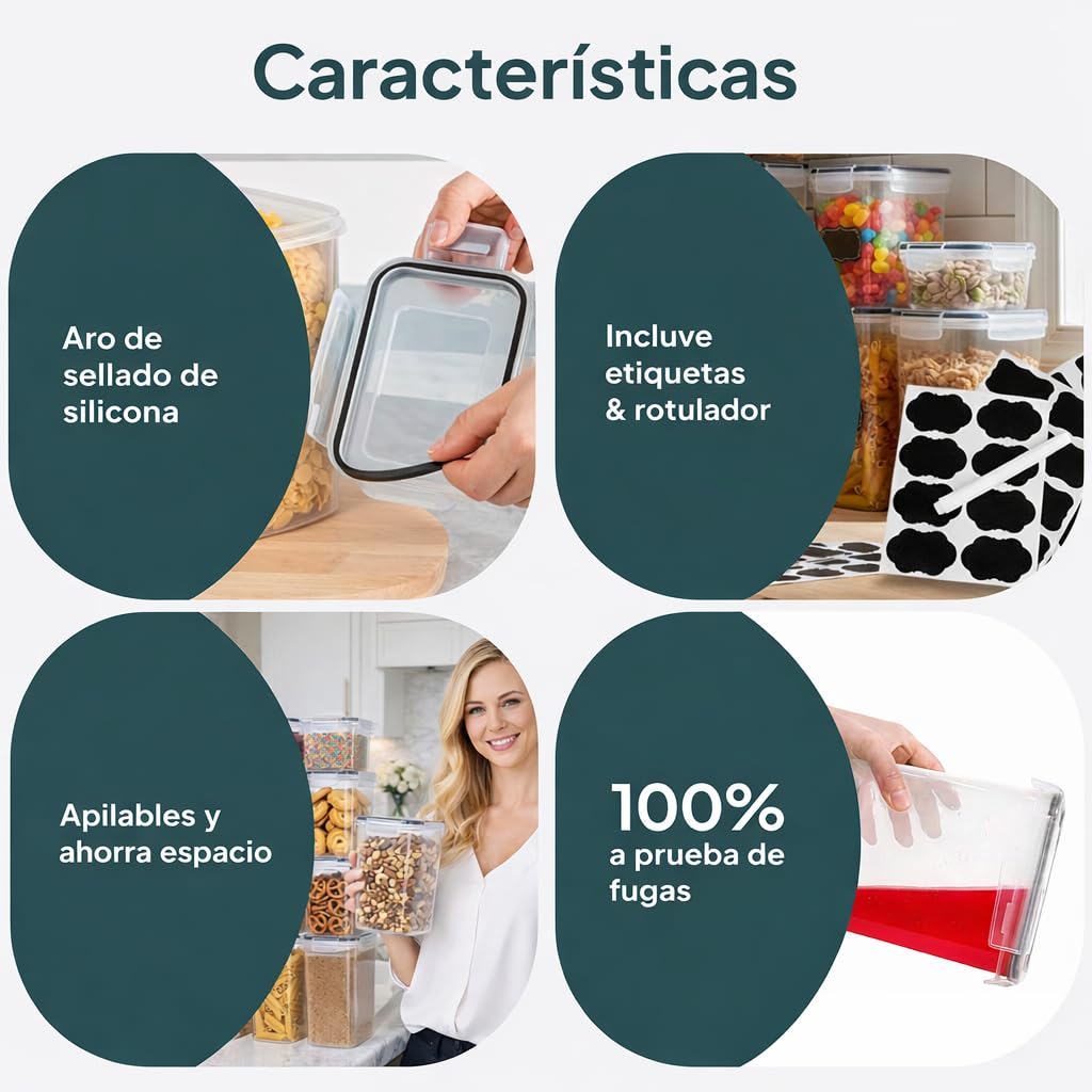 uandu Juego de 24 recipientes de almacenamiento herméticos con tapa, sin BPA, para cereales, harina y azúcar, con bolígrafo y etiqueta