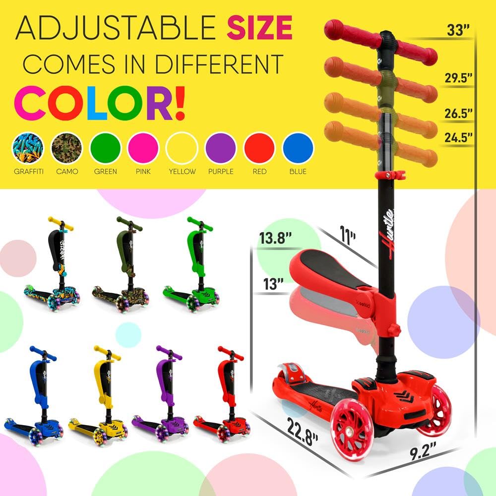 Hurtle Patinete de 3 Ruedas para niños, 2 en 1, Sentado/de pie, con Asiento Plegable, Altura Ajustable, Puente Ancho, Intermitente, para niños de 1 año HURFS56 (