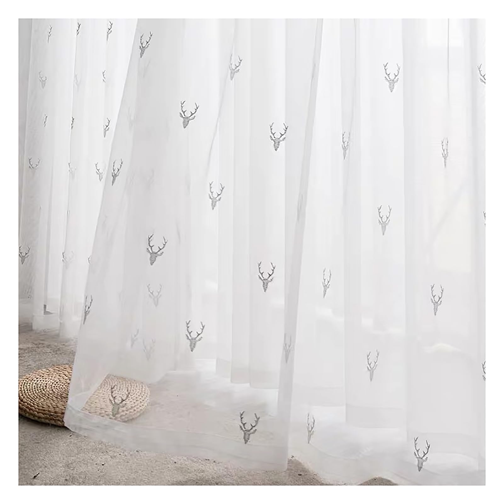 2 Stück Hirsch Stickerei Vorhang Voile, Tüll Transparent Gardinen Ösenschal/Kräuselband Fensterschal Für Wohnzimmer Schlafzimmer Balkon, W200xL250cm, Eyelet