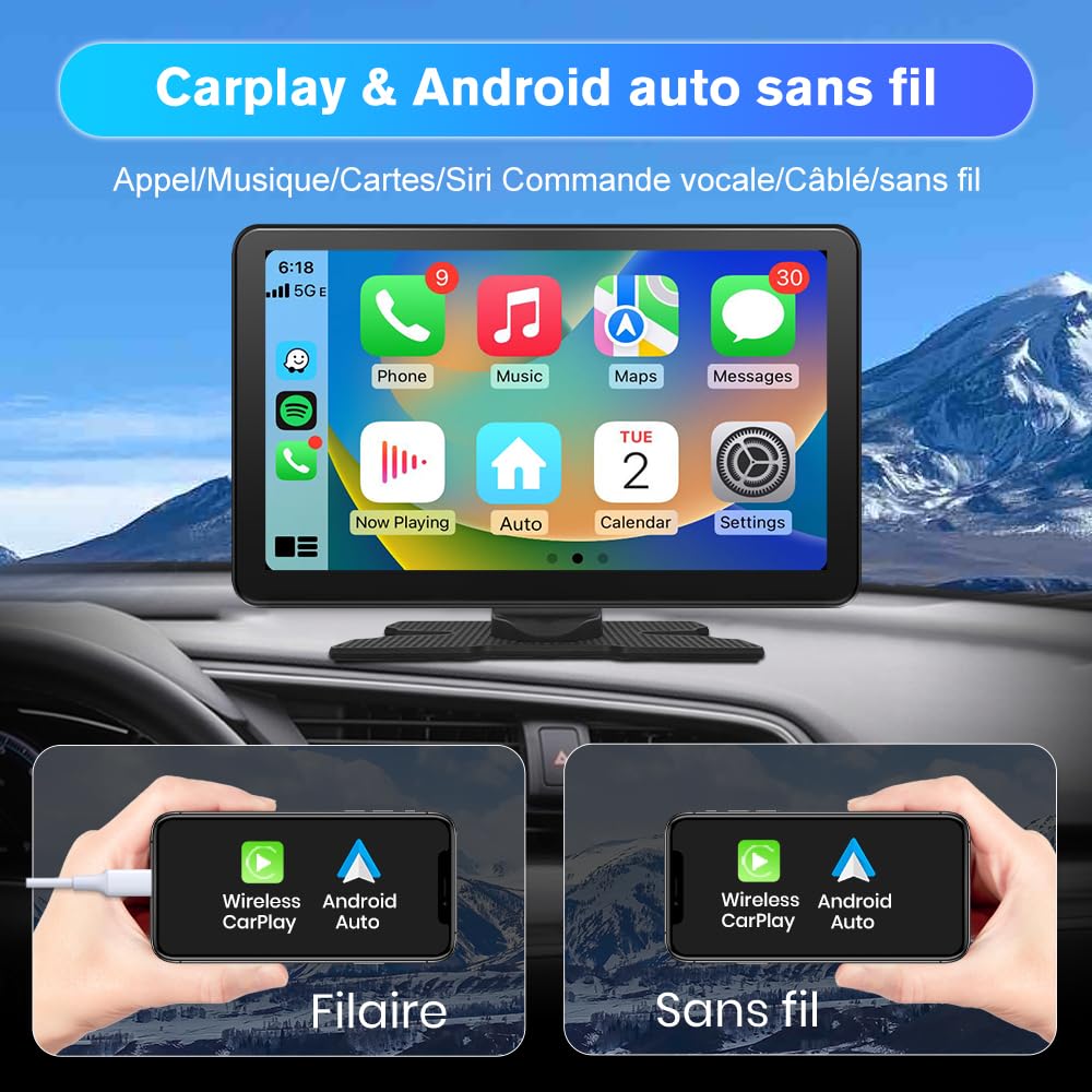 Écran Tactile 9" CarPlay & Android Auto sans Fil avec Dashcam 4K + Caméra Arrière, GPS, Bluetooth, FM, AUX, Lien Miroir, Carte TF 64G