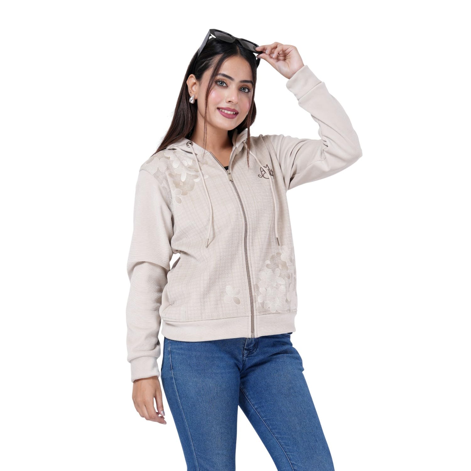 abidha Women’s Woolen Bonded Fabric Floral Print Zipper Hoodie | Stylish Winter Sweatshirt with Front Pockets & Hood-picture-33