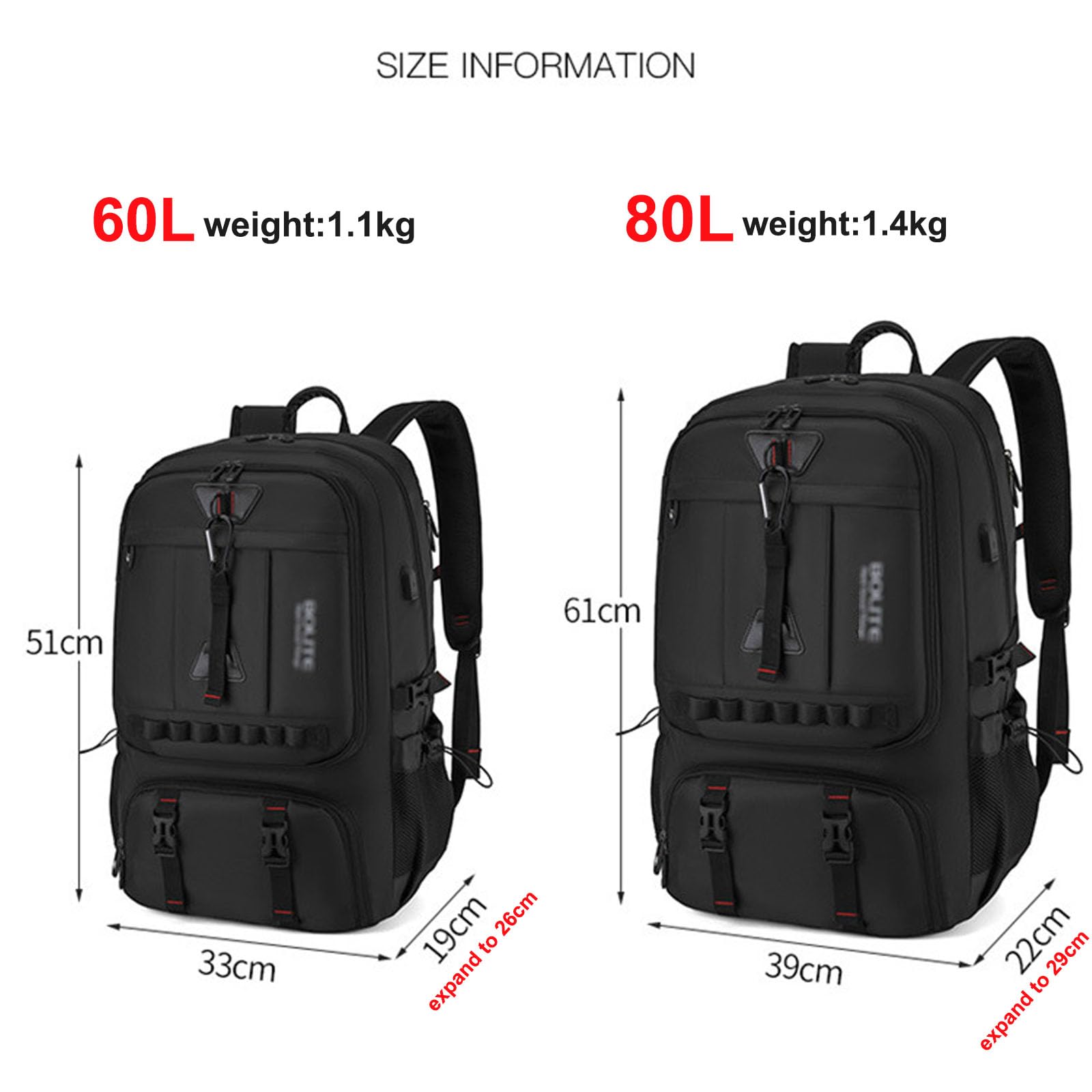 Zaino da viaggio da uomo, 60 l, 80 l, espandibile, impermeabile, 17 pollici