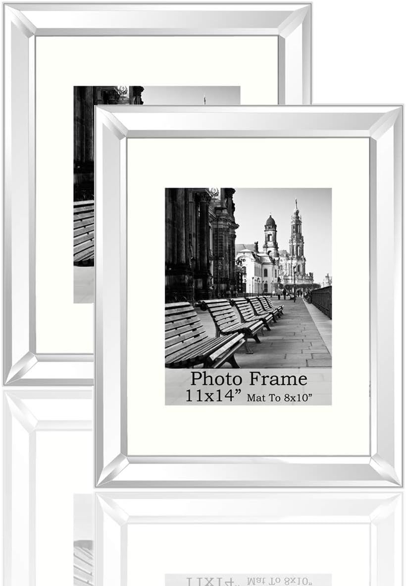 Meetart Sparkle Crystal Silver Glitter Mirror Glass Photo Frame 11x14 inch Mate to 8x10 inch 2 Piece Pack