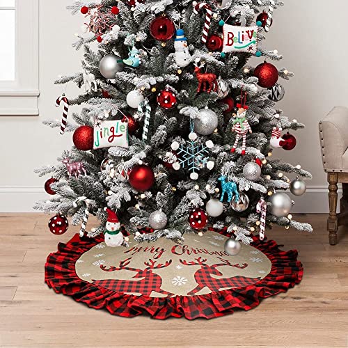 Aerwo Christmas Tree Skirt, 48 Inch Red And Black Buffalo Check Plaid Tree Skirt With Elk And Snowflake, Double Layers Burlap Xmas Tree Skirt For Rustic Christmas Holiday Decorations #TOP4