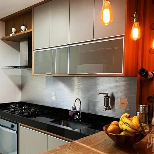 Miniatura 9 de Azulejo de metro lineal para salpicaduras de pared de color negro, superficie de metal de aluminio autoadhesiva, azulejos de pared para cocina y