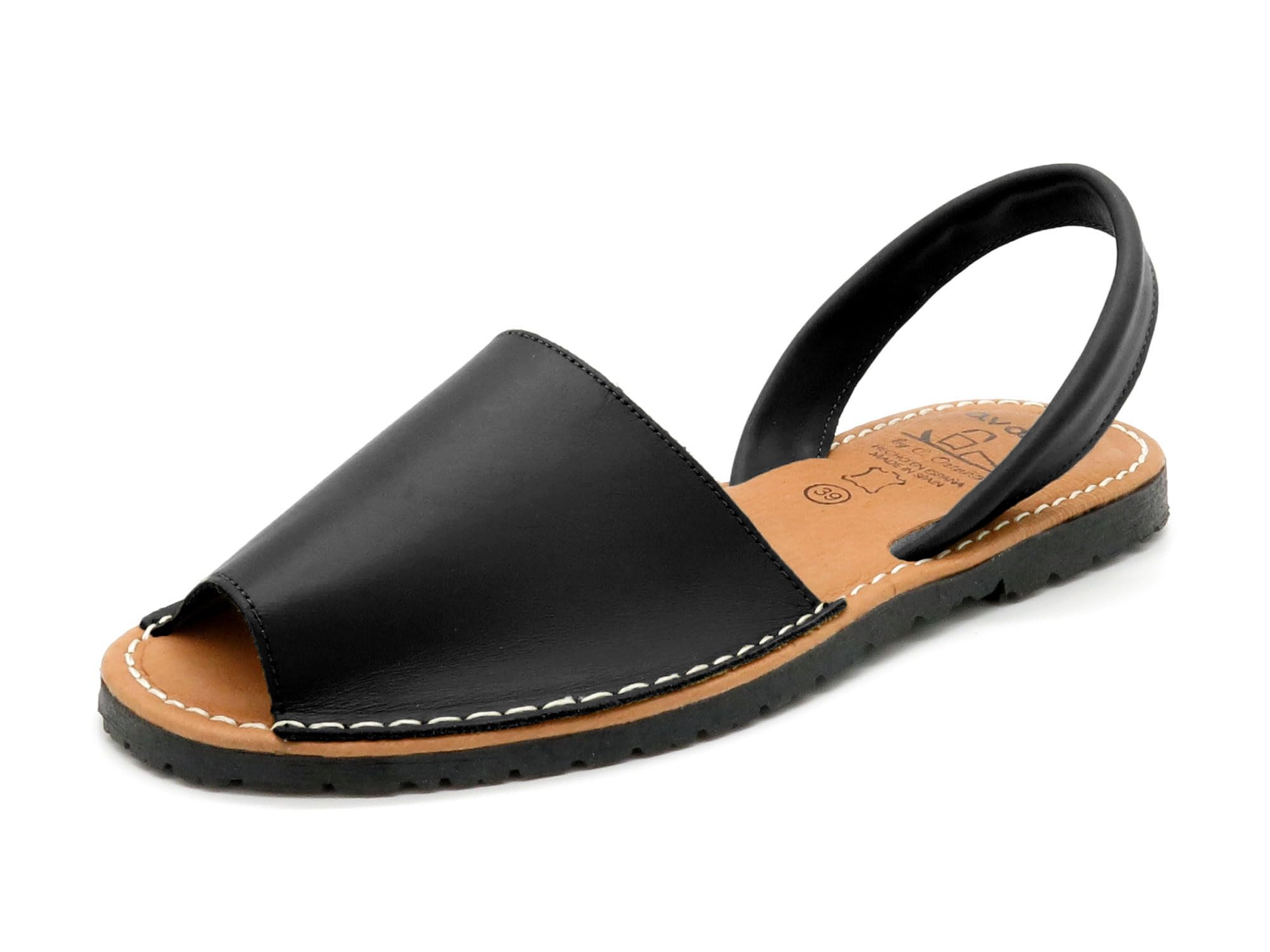 Avarca Damen Avarcas Sandalen aus Echtleder handgefertigt in Spanien gepolsterte Leder Decksohle & Fersenriemchen schwarz 37