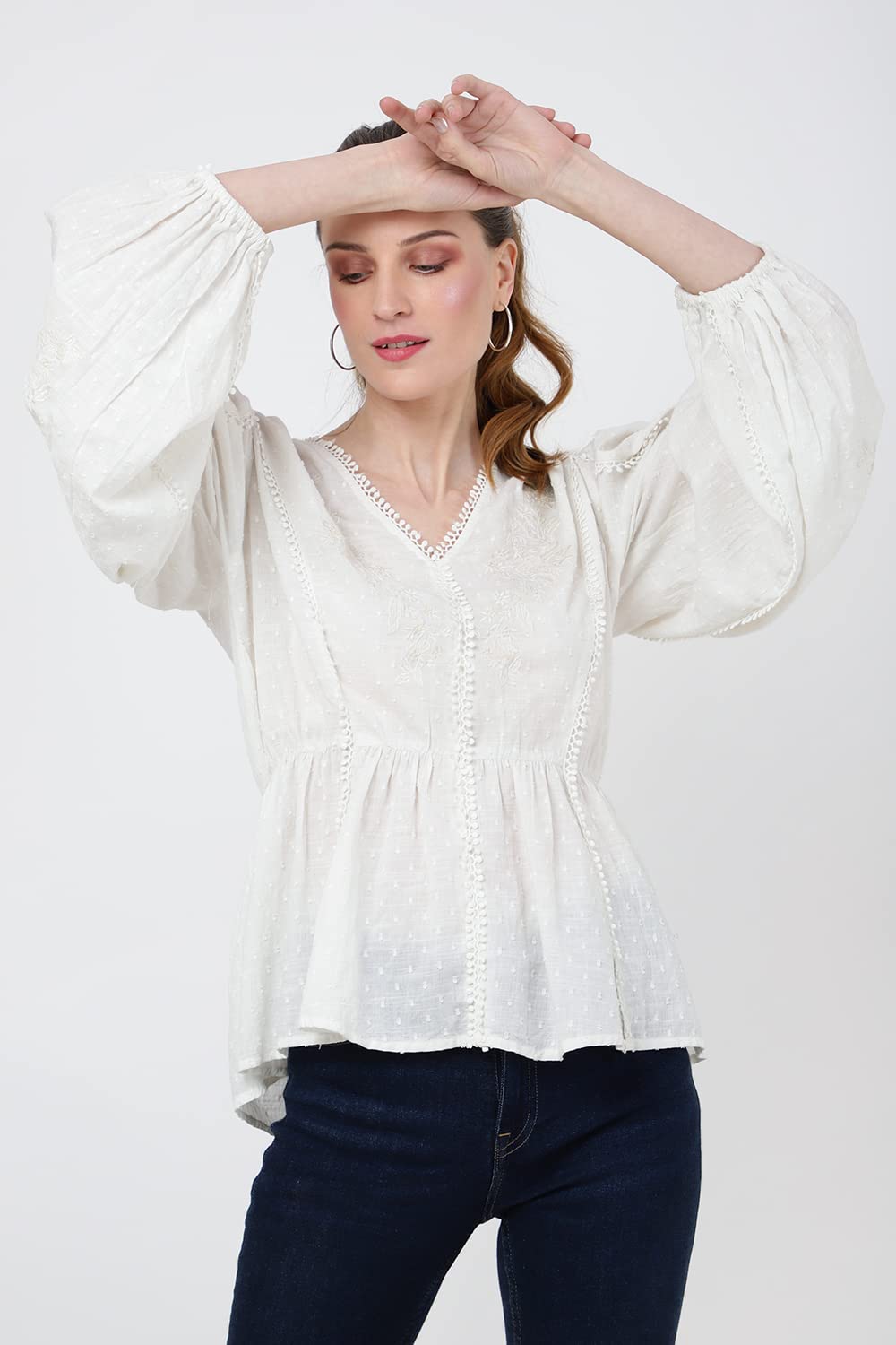 Miss Lavish London Peplum Tops for Women - Tops élégants et Chics à col en Vfemme - 101-Blanc cassé, Moyen