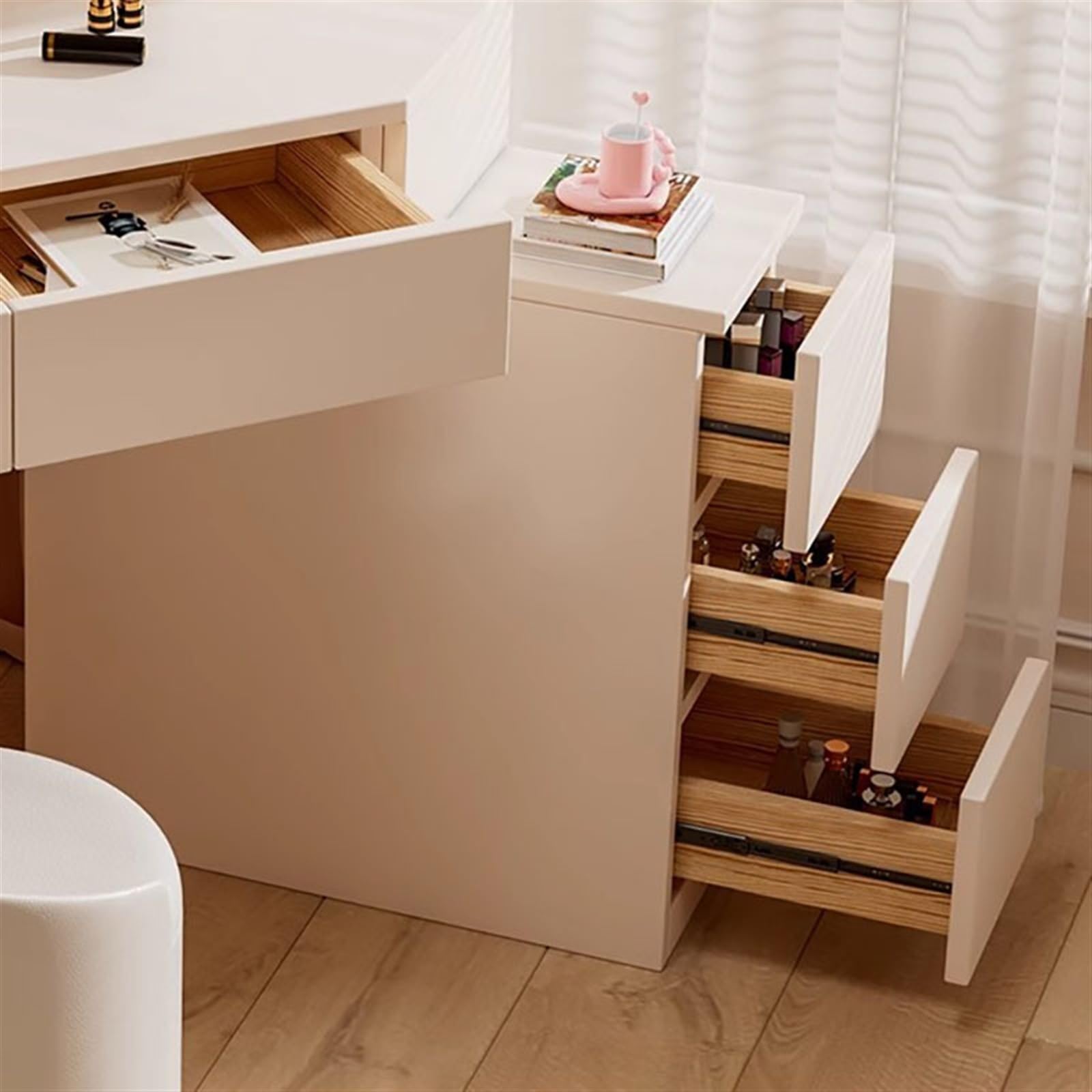 scrivania Vanity Desk moderno, tavolo da toilette ad angolo bianco, scrivania for trucco for piccoli spazi con specchio e 5 cassetti Gabinetto degli organizzatori(Piccolo)