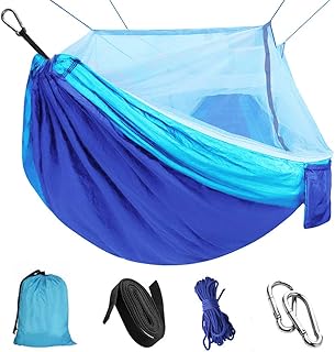 Rede de acampamento com mosquito de rede, rede de acampamento de tecido de paraquedas rede portátil de náilon para viagens de acampamento em mochila, rede dupla única para acampar 110" (C) x 59" (L)