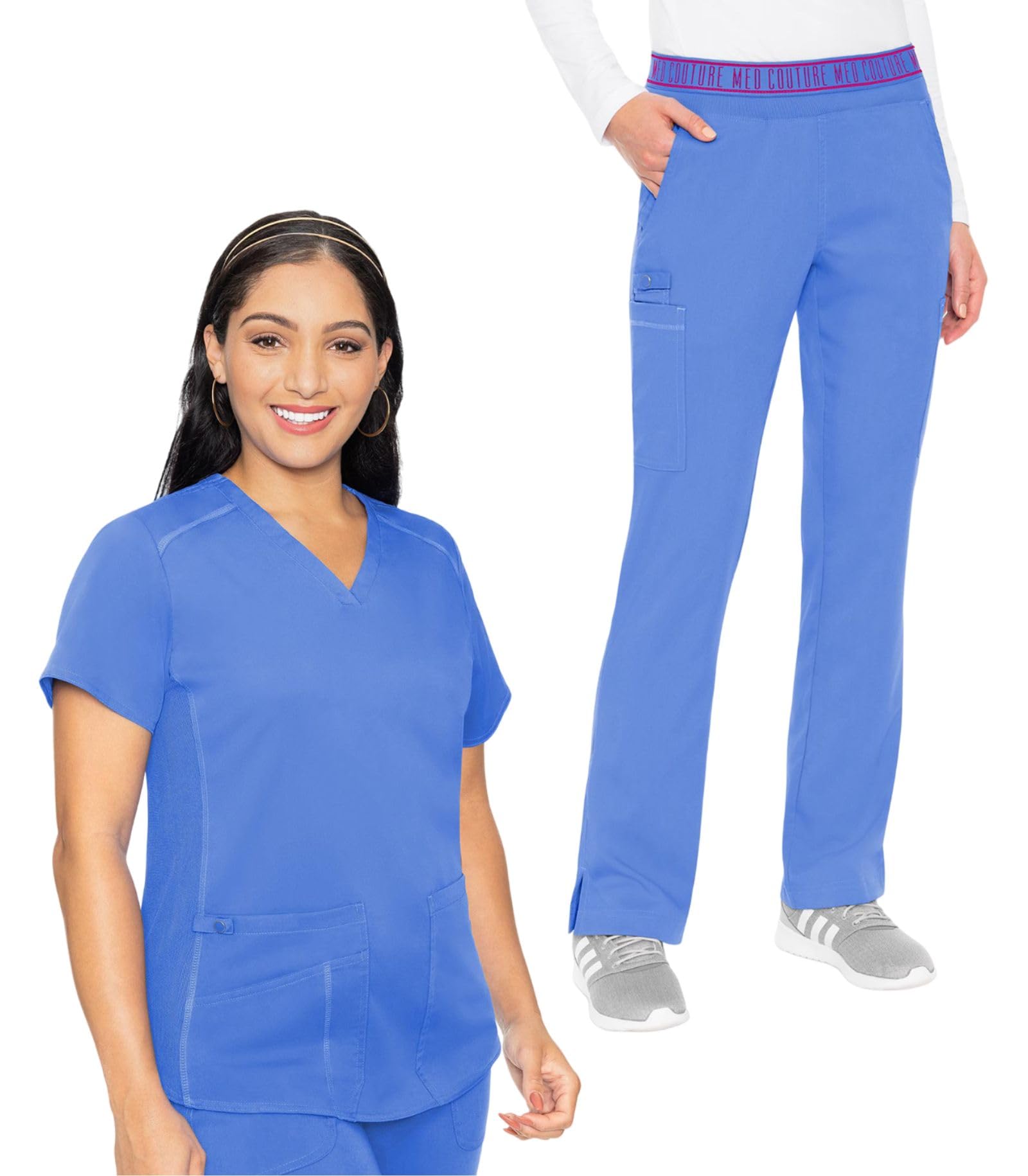 Med Couture Scrub Set For Women, 11 Pockets with V-Neck Scrub Top MC7459 and Comfortable Scrub Pants, MC7739