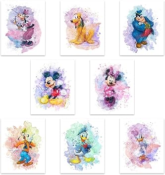 ミッキーマウス 水彩プリント フレームなし 8枚セット 8インチ X 10インチ ミッキーマウス ウォールアート 装飾 ミニーマウス ルーム装飾 ドナルド ダックス デイジー ダック グーフィー 冥王星 装飾ポスター ポスター イラスト オンライン通販