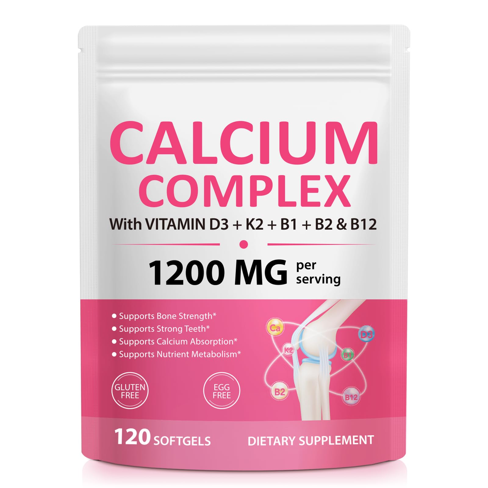 Calcium Supplements, Calcium Complex Softgels with Vitamin D3 & K2,Calcium Supplement for Bone & Teeth Health, Supports Absorption, with B Vitamins B1 B2 B12, Collagen & Plant Nutrients, 120 Capsules