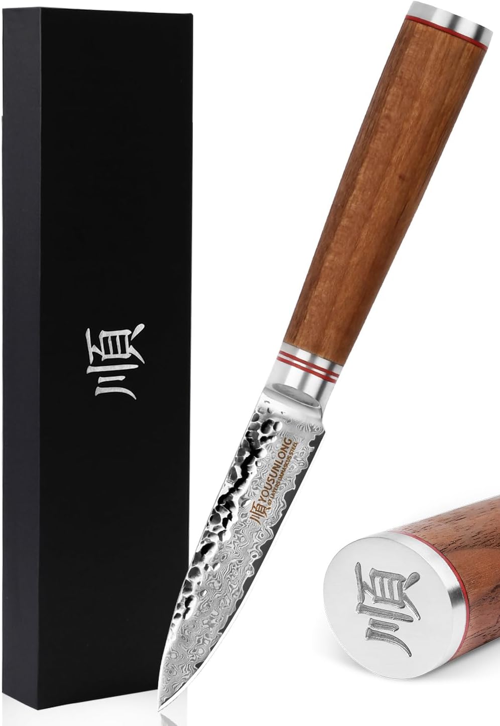 – Paring Knives 3.5 inch Peeling Knife Hammered Damascus Steel Japanese Natural Walnut Wooden Handle