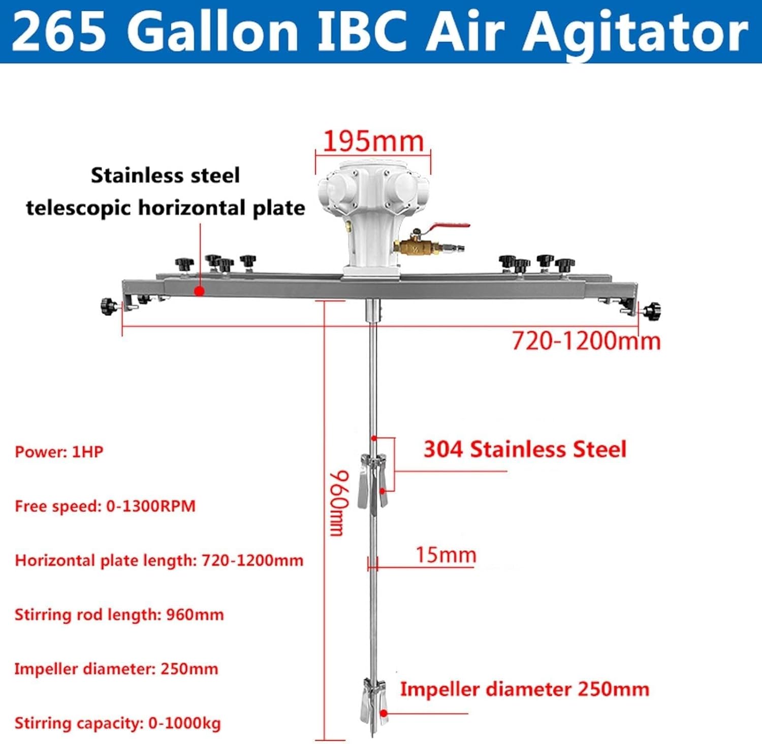 265 Gallon IBC Air Agitator, 1 Ton/1000L Professional Pneumatic Paint Mixer, 0-1300RPM, Stainless Steel Folding Propeller, for Paint, Glue, dye, Ink Dissolver