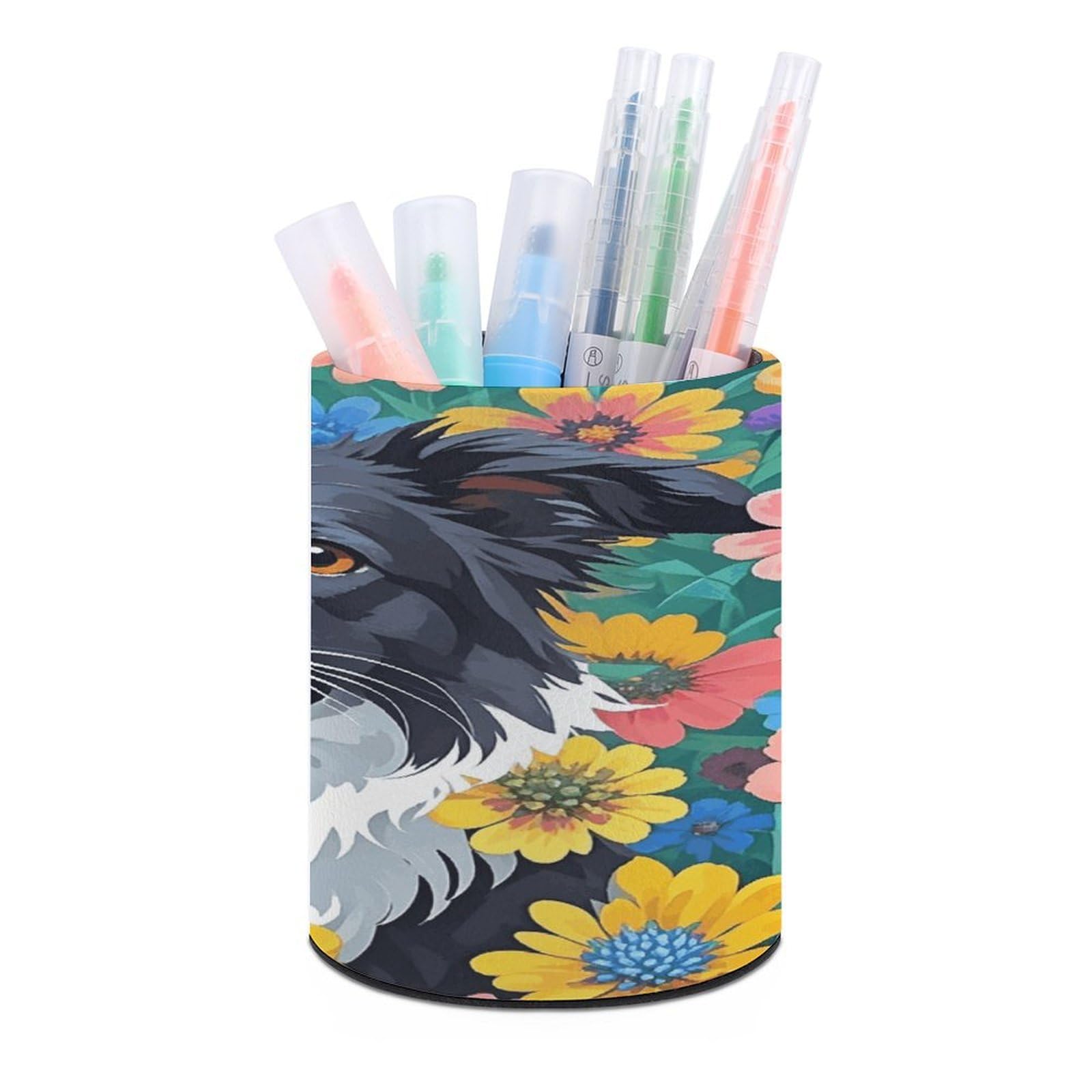 VstaDank Border Collie Florals Pen Holder Round Pencil Holder Cup Pen Container PU Leather Desk Organizer Stand Decor Brush Scissor Holders Decoration Office Desk Home (3.1 X 3.9 Inches)