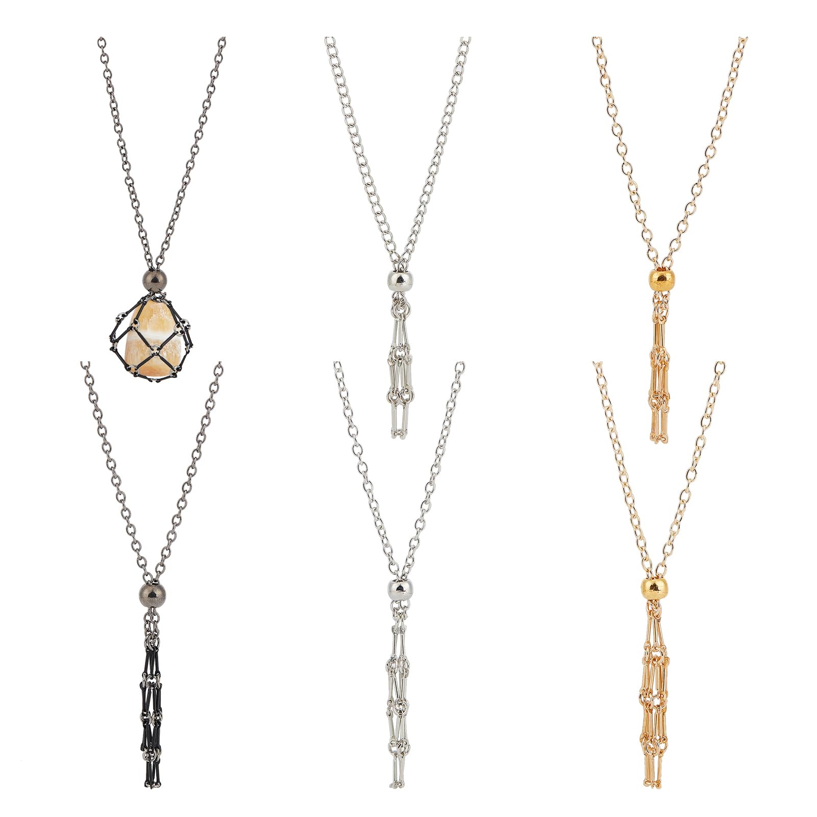 NICENEEDED 6 PCS Crystal Stone Empty Necklace Holder, Adjustable Metal Net Mesh Pendant Necklace