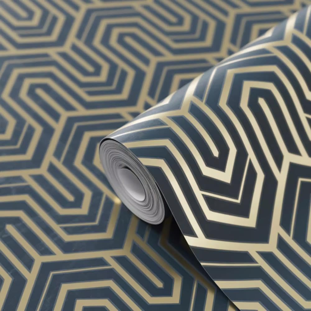 Yöl Gold Malah Geometric Blue Wallpaper - Metallic Art Deco Style Modern Contemporary Textured - Paste The Wall Vinyl