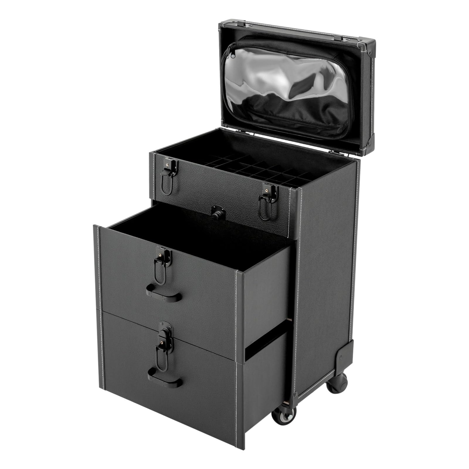 Florchest Makeup Train Case, Rolling Makeup Trolley Case, Nail Polish Organizer, Jewelry Travel Cosmetic Train Case w/ 4-Wheel and 2 Key,Top Layer 45 Cubicles (Black)