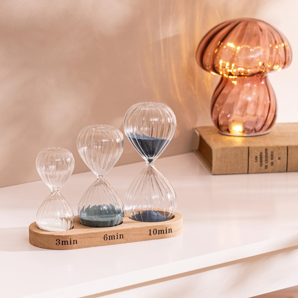 Atmosphera - Juego de 3 Relojes de Arena h.15cm Cristal con Bandeja de Madera